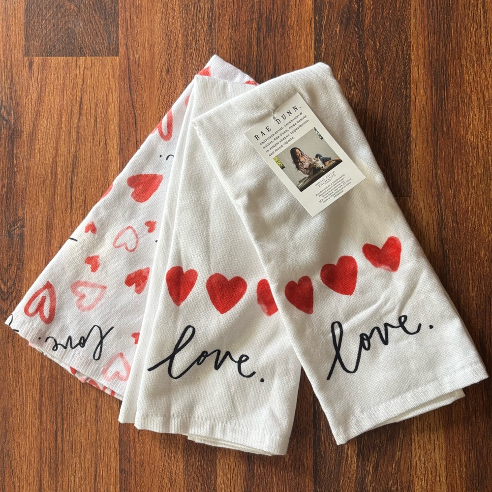 Rae Dunn White Towels Set of 3 with Red Hearts and Love Text